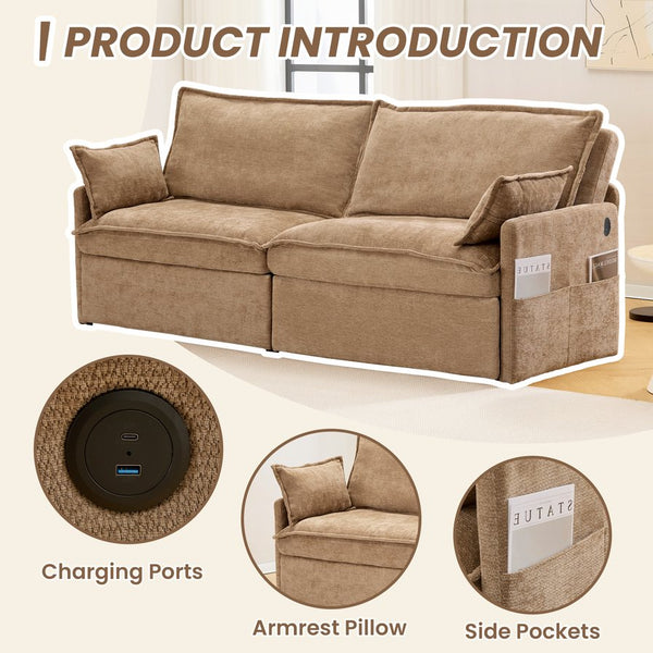 English Elm 73.6" Ergonomic 3-in-1 Sofa Bed with Chenille Comfort, L-Shape Convertible Sleeper, USB/Type-C Charging khaki W2606P301328
