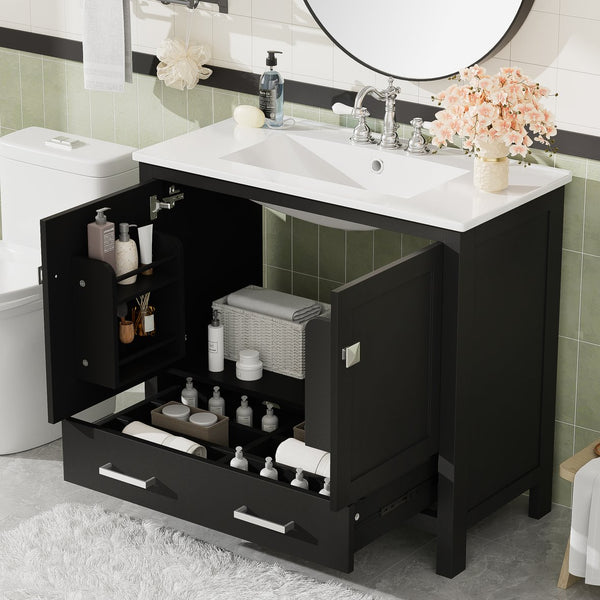 English Elm 36" Black Bathroom Vanity with Ceramic Sink, Soft-Close Doors, Divided Drawer & Double Shelves — Modern Storage Solution for Small to Medium Baths N729P276609B