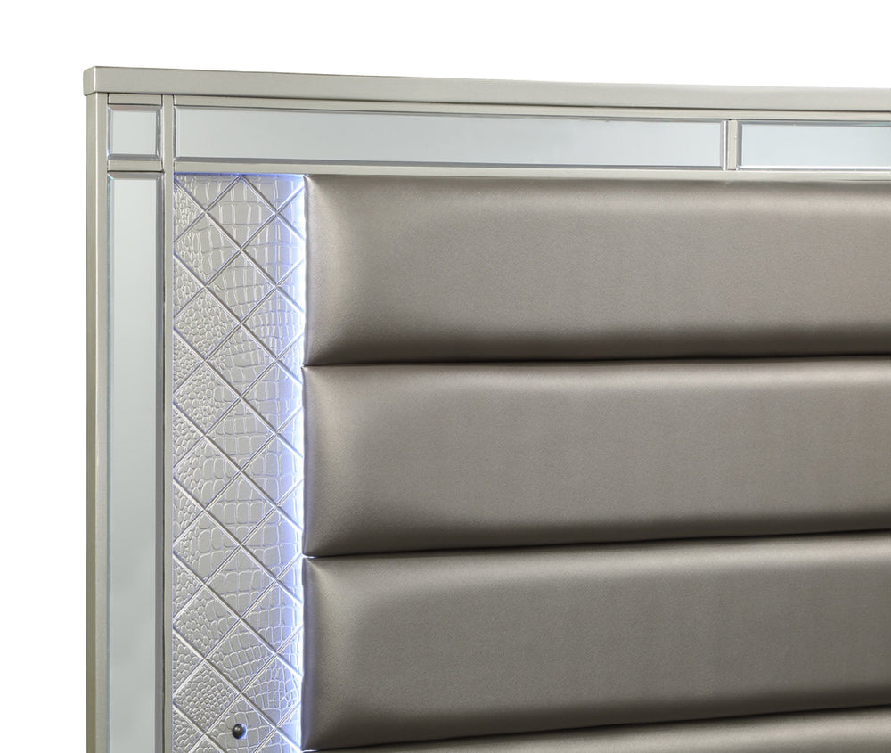 English Elm Modern Plush Channel Tufted Queen Bed with Integrated LED Lighting, Chic Metallic Finish, Elegant Design Silver 67.25 L x 44.5 W x 5.5 H B2741S00510