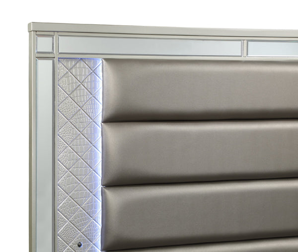 English Elm Modern Plush Channel Tufted Queen Bed with Integrated LED Lighting, Chic Metallic Finish, Elegant Design Silver 67.25 L x 44.5 W x 5.5 H B2741S00510