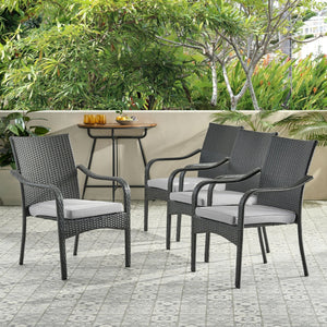 English Elm Christopher Knight Home® - Outdoor PE Rattan Stacking Chairs Set of 4 with Iron Frame, Water-Resistant Silver Cushions, Grey Wicker Stylish Durable Outdoor Seating for Patio N773P291425G
