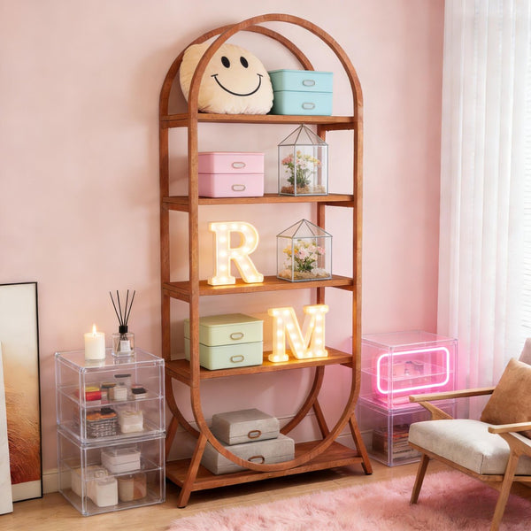 English Elm Versatile Arched Five Tier Bookcase Warm Brown Metal Frame Open Shelving for Small Spaces T3971P458354