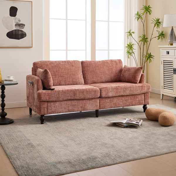 English Elm Modern chenille 2-seater sofa with LED lighting, USB charging, storage pocket, sturdy wood legs Pink W395P318541