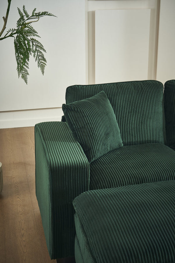 English Elm Modern U Shaped 6-Seat Sectional Sofa with Ottoman and 3 Toss Pillows, Corduroy Modular Comfort and Durable Frame Green W2363S00042