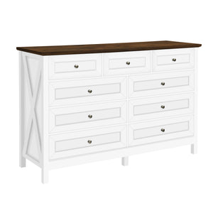 English Elm Wood Rustic Storage Dresser with 9 Drawers, Silver Handles and X Side Accents for Stylish Storage White N709P288888K