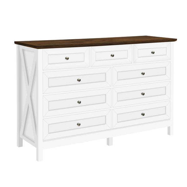 English Elm Wood Rustic Storage Dresser with 9 Drawers, Silver Handles and X Side Accents for Stylish Storage White N709P288888K
