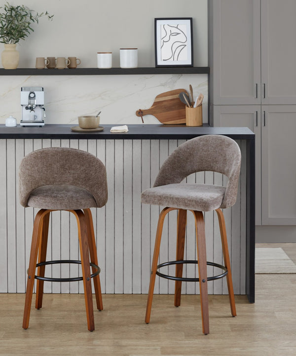 English Elm Fixed-height Mid-century Barstools with Walnut Legs and Grey Upholstered Seats Set B202S01931
