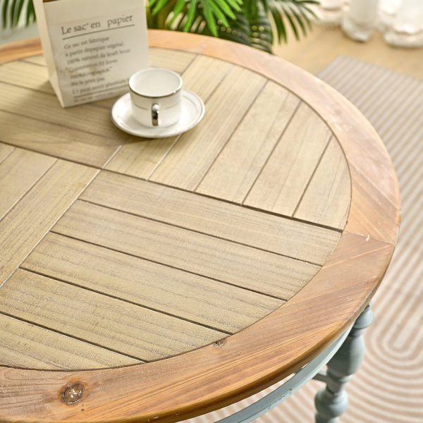 English Elm 31.50" Hand-carved Distressed Wood Round Coffee Table with Metal Legs for Living Room W3933P379162