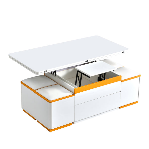 English Elm VIBE HAUS Lift-Top Coffee Table with Gold Trim, Foldable Workstation & Hidden Storage Stools Set White N893S000010K