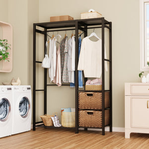 English Elm Acacia Wood Garment Rack with Shelves, 2 Wicker Drawers, 4 Hooks, Steel Frame, Rustic Organizing Solution W2391P289978