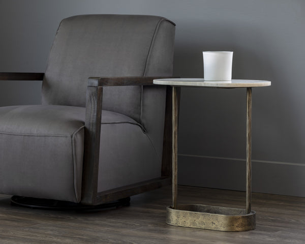Sunpan Eden End Table - Artisan Crafted White Marble & Hammered Iron Side Table with Antique Brass Base