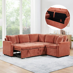 English Elm Sectional Sofa Bed - Stylish L-Shaped 81.9" Sleeper Sofa With Hidden Storage & Cozy Orange Chenille N719S002070G-GIGA