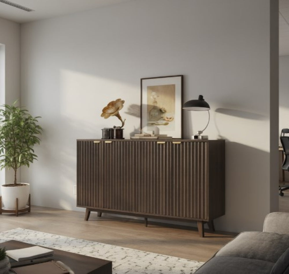 English Elm Coffee Bar Fluted Sideboard with Gold Pulls Adjustable Shelves and Tapered Wood Legs T3971P428167