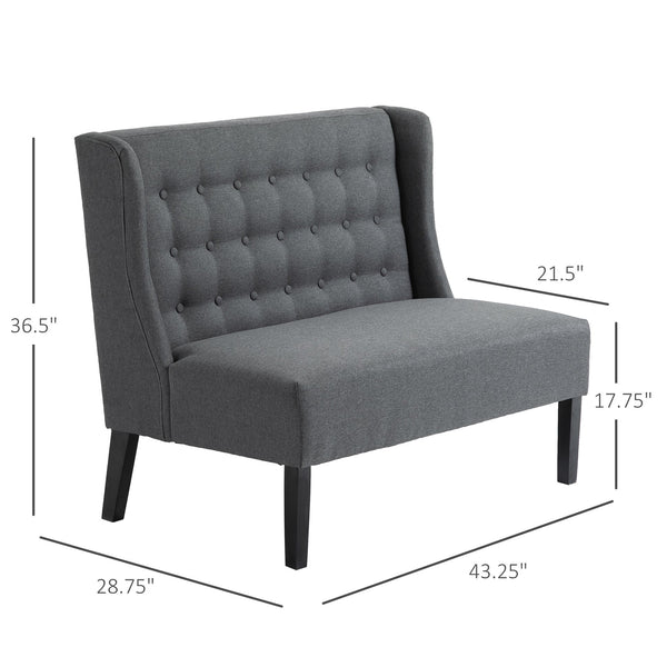 English Elm HOMCOM Mid-Century Wingback Loveseat Linen Upholstered Button-Tufted Two-Seater Sofa with Wood Legs Gray W2225P217478