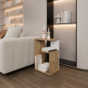 English Elm Side Table Sallis – Versatile Macadamia Engineered Wood Accent Table with Open Shelf, Lightweight and Durable Beige B092P309181