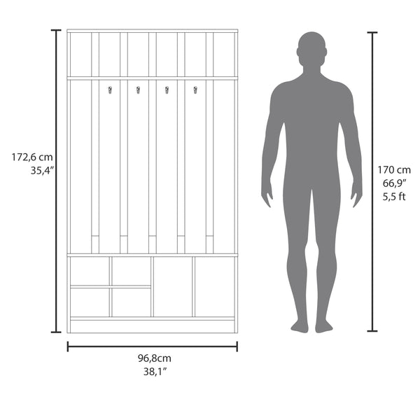 English Elm Tulcan 38" Hall Tree with Bench & Shoe Storage, Smoke Grey Coat Rack, 4 Hooks, Top Shelf, 68"H B200S00273