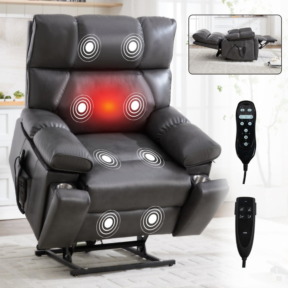 English Elm Dark Grey Leatheraire Power Lift Recliner Dual Motor Massage Heat Heavy Duty W1803P340317