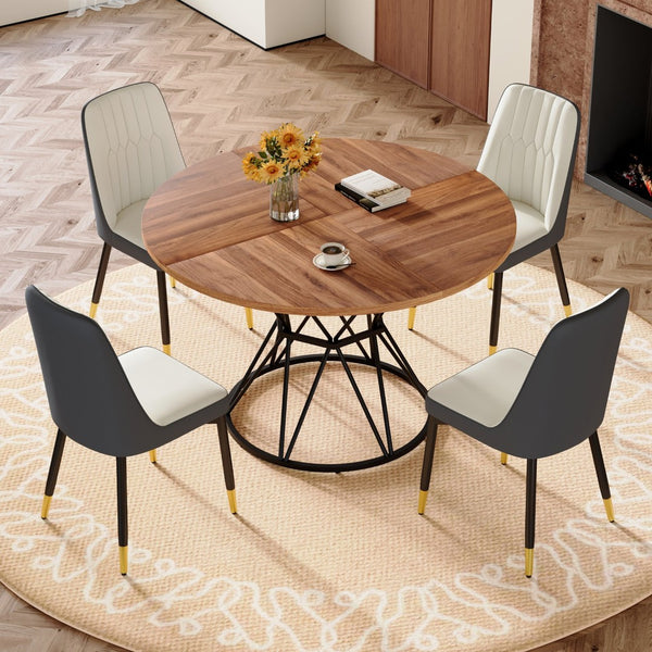 English Elm Table and Chair Set Round Walnut Mdf Top Hourglass Base with Four Pu Leather Seats W1151S04843