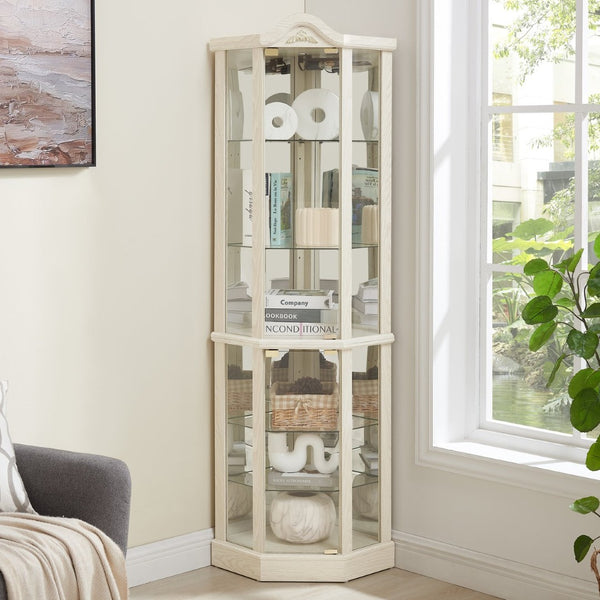 English Elm Glass Corner Curio Cabinet Lighted Dark Wood Display with Carved Crown Floral Detail White W2275P292644