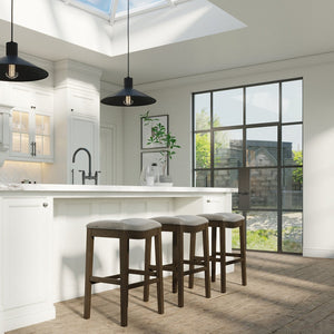 English Elm 31in. Farmhouse Whitewash Hardwood Barstool Nailhead Upholstered Seat Kitchen Island Accent Smoke Grey B2751P436421