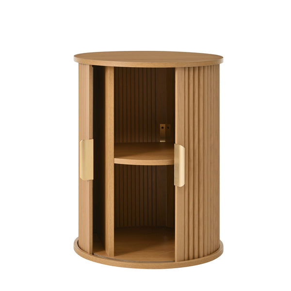 English Elm [Assembly Mid-Century Coffee Table Set with Tambour Sliding Doors, Fluted Round End Table, Gold Handles, Versatile Storage and Stylish Wooden Finish Natural N721P351940D