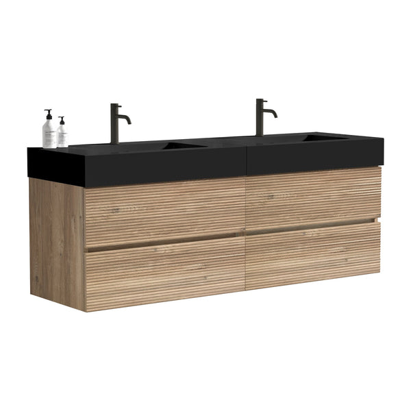 English Elm Grace 60" Bathroom Vanity Wall-Mounted Floating Mid-Century Modern Walnut Grille, Quiet Soft-Close Drawers and One-Piece White Basin (ECO) Black+Brown W1865S00168