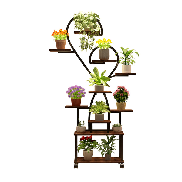 English Elm (Heart Shape) Plant Stand Indoor with LED Grow Lights, Tiered Metal Tree Shelf, Stylish Black/Walnut Decor W2641P323276