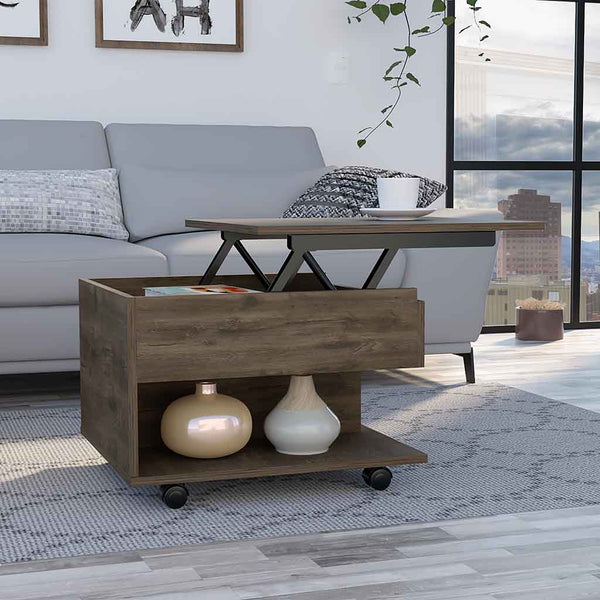 English Elm Luanda Lift-Top Coffee Table with Locking Casters, Concealed Storage & Open Display Shelf Brown 27.2 L x 26.4 W x 5.5 H B20091884