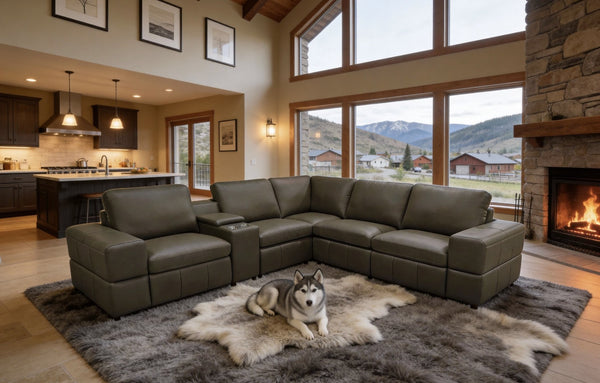 English Elm Premium Leather Match Sectional with Dual Recliners Cup Holders and Storage Console Olive Green B2748S00144