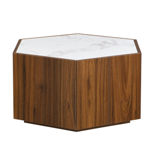 English Elm Christopher Knight Home® - Hexagonal Rustic Retro Wood Coffee Table with 2 Hidden Drawers, Textured Marble Tops, Oak Finish White+Walnut N770P309823W