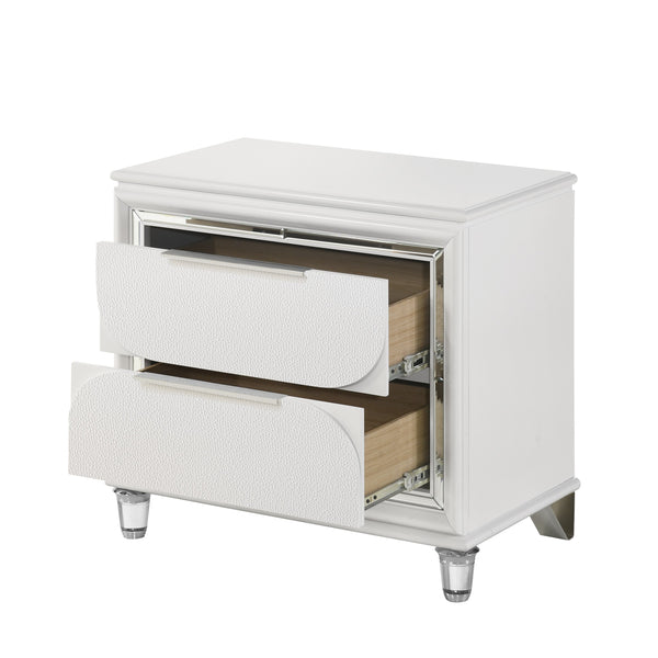 English Elm Glamorous Pearl White Nightstand with Two Deep Drawers, Mirrored Trim & Acrylic Legs, 30.3"W x 28.5"H B2741P324365