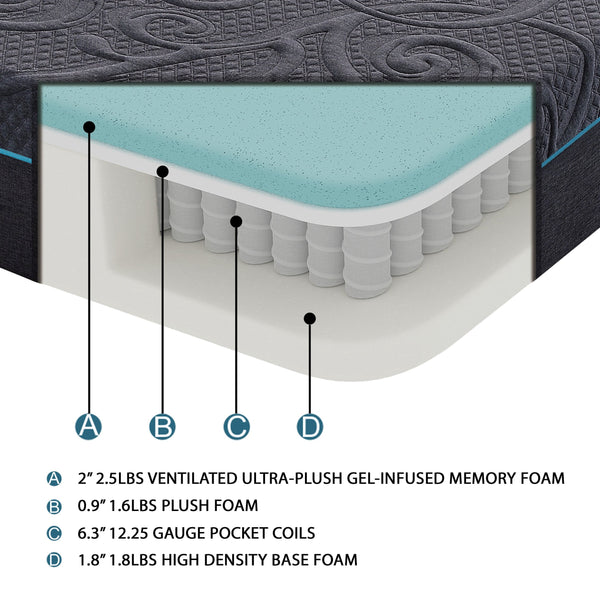 English Elm 11-inch Gel-Infused Memory Foam Hybrid Mattress Queen Size - 4-Layer Cooling Support, Pocket Coils Dark Gray 15 L x 15 W x 63 H B011P212564