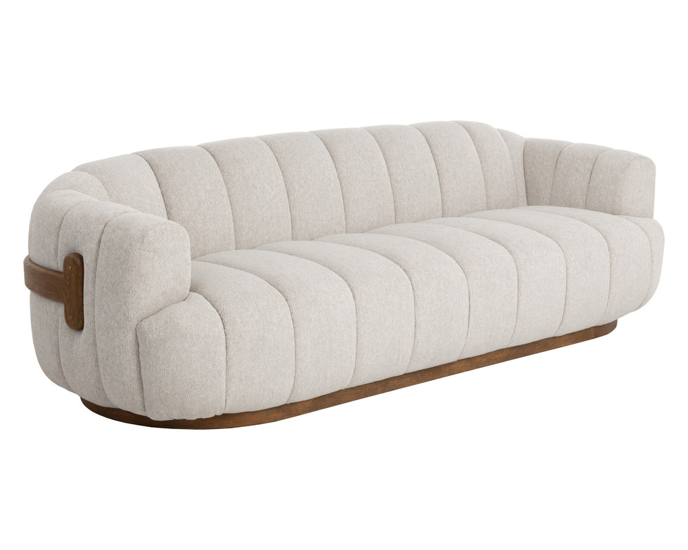 Sunpan Tadeo Sofa - Luxurious Dove Cream Upholstery With Warm Brown Oak Base & Antique Brass Accents Taupe Fabric 111828