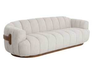 Sunpan Tadeo Sofa - Luxurious Dove Cream Upholstery With Warm Brown Oak Base & Antique Brass Accents Taupe Fabric 111828