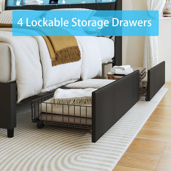 English Elm Queen Ergonomic Headboard Platform Bed with Built-In Outlets, USB Charger, LED Light & Shelf Storage Black W3107P327874