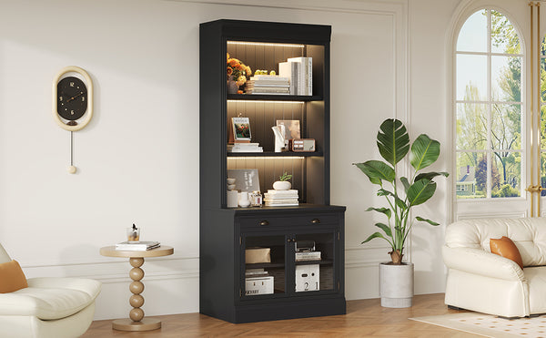 English Elm 83.4"Tall Modern Bookshelf With Led Lighting, Glass Doors & Drawer For Stylish Storage And Display N751S280595B