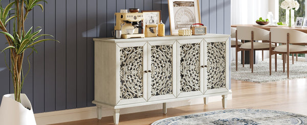 English Elm 60" Hand-Carved Floral Buffet Cabinet with Solid Wood Legs, Brass Handles, Adjustable Shelves, TV Stand Antique White W1445P327887