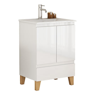 English Elm 24-inch Glossy White Bathroom Vanity Combo with Ceramic Sink and Solid Wood Feet W3151S00066