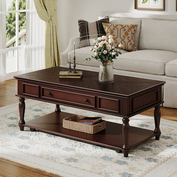 English Elm Farmhouse Retro Coffee Table with Lockable Wheels, One Drawer & Lower Shelf, Solid Wood Legs, Durable Finish Espresso N721P307935P