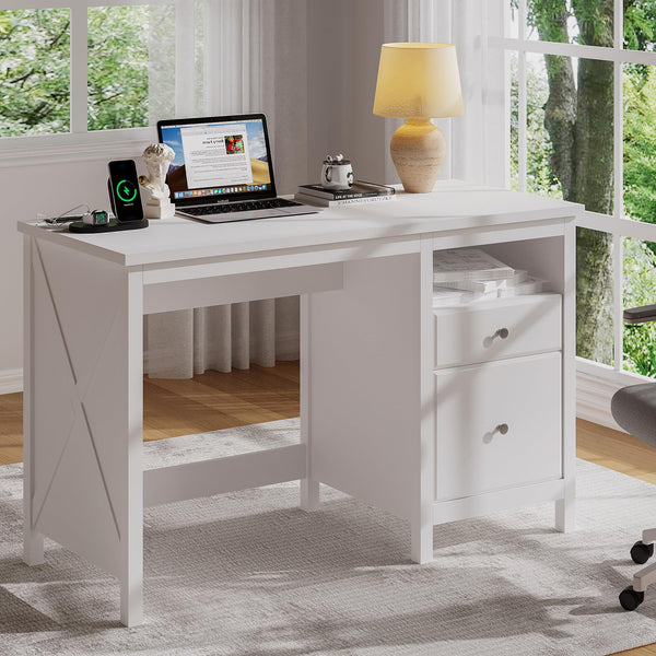 English Elm 47" Farmhouse Wood Writing Desk with Charging Station, 2 Drawers, Open Shelf & Ergonomic Workspace for Home Office and Vanity White T3771P355124