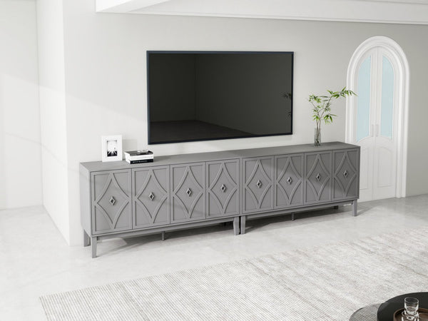 English Elm 4 Door Sideboard Buffet with Hand Carved Geometric Panels Black Oak Finish Raised Legs W688P359831