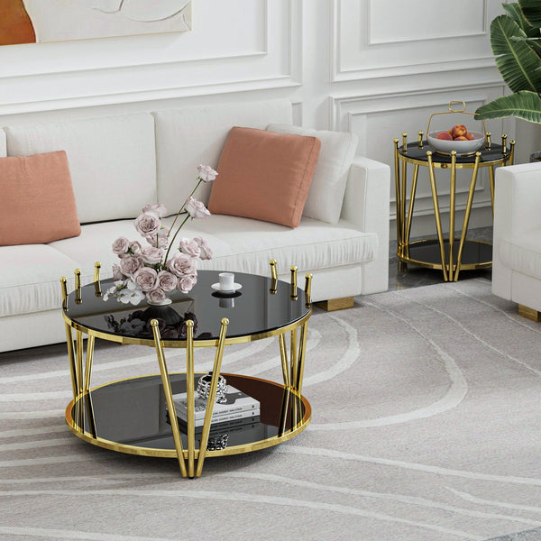 English Elm 31.5inch Modern Luxury Gold Coffee Table with Two-Tier Storage, Tempered Glass Top, Elegant Crown Design Black W1550P171454