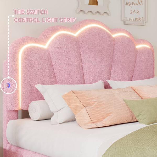 English Elm Twin Flower-Shape Upholstered Bed with LED Headboard, Pink Sherpa Platform Twin Bed for Kids Room Cozy Chic N733P177307H
