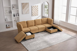 English Elm UNITED Modular 6-Seat Sectional Sofa with Removable Ottoman, Storage Compartments, Convertible Comfort Mustard yellow W1568S00247