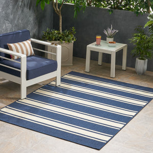 Christopher Knight Home® - Noble House - Cabana Outdoor 5'3" X 7' Stripe Area Rug, Navy and Ivory