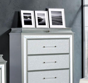 English Elm Glamour Metallic Gray 5-Drawer Chest 40"W x 54"H Glamorous Acrylic Trim LED Handles Modern Bedroom B2741P396695