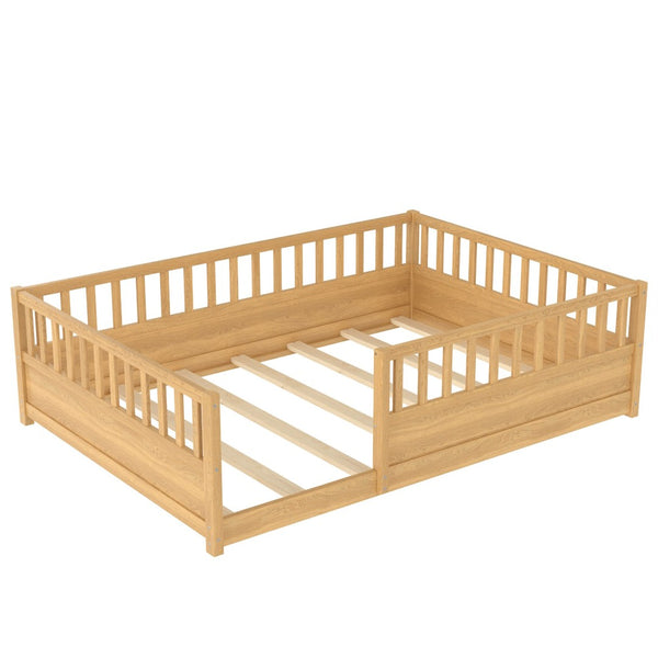 English Elm Twin Montessori Floor Bed Solid Pine Frame with Safety Fence Door for Kids Play Space Natural W1858P382402