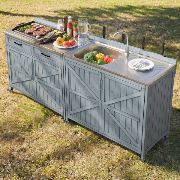 English Elm K&k Outdoor Modular Kitchen Island 2 Piece Fir Wood Stainless Steel Sink Station N707S000024G