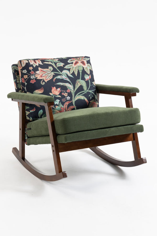 English Elm Mid Century Modern Rocking Chair Solid Wood Frame Upholstered Seat with Lumbar Cushion Antique Green W2530P419005