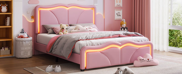 English Elm Full Full Size Upholstered Platform Bed in Pink with Curved Headboard, 3-Height Adjust, LED Strips, Sturdy Frame WF323749AAH